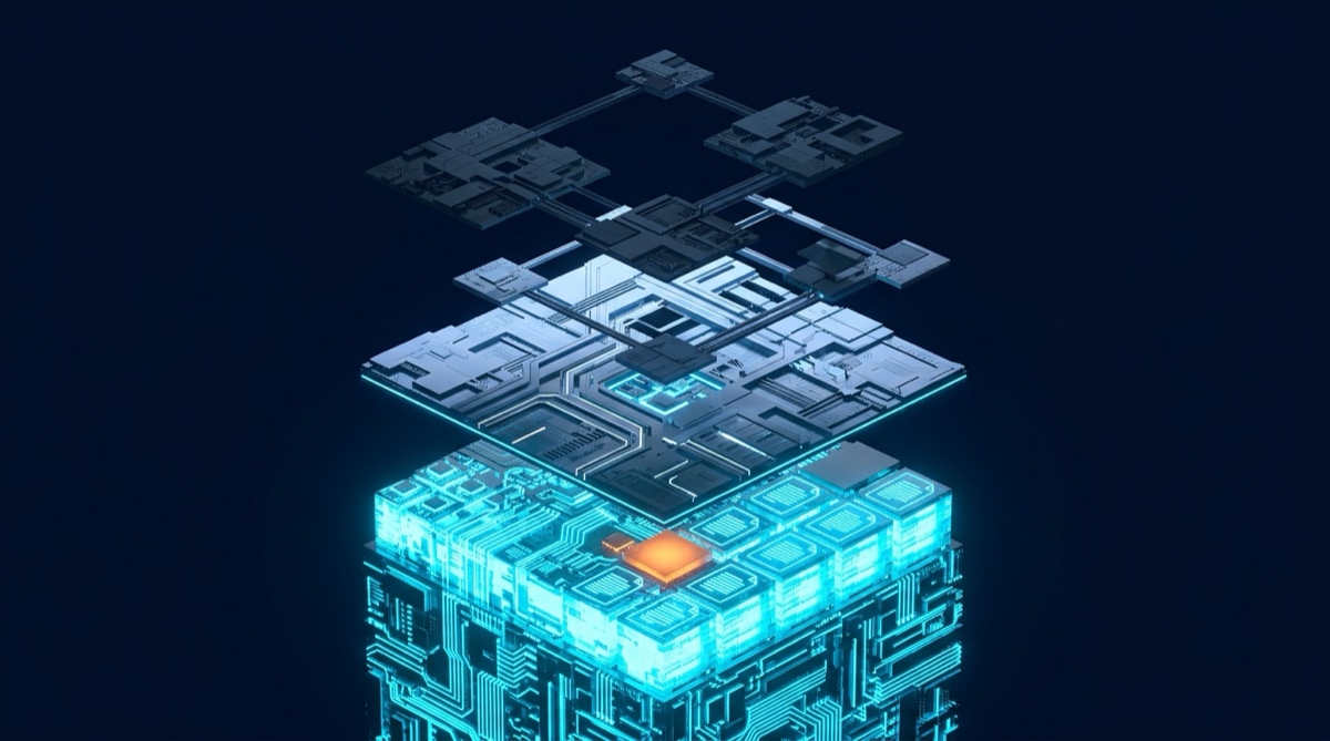 Stratified data tower with an illuminated cyan foundation supporting dimmer layers above, illustrating document intelligence as the foundation of AI in B2B sales