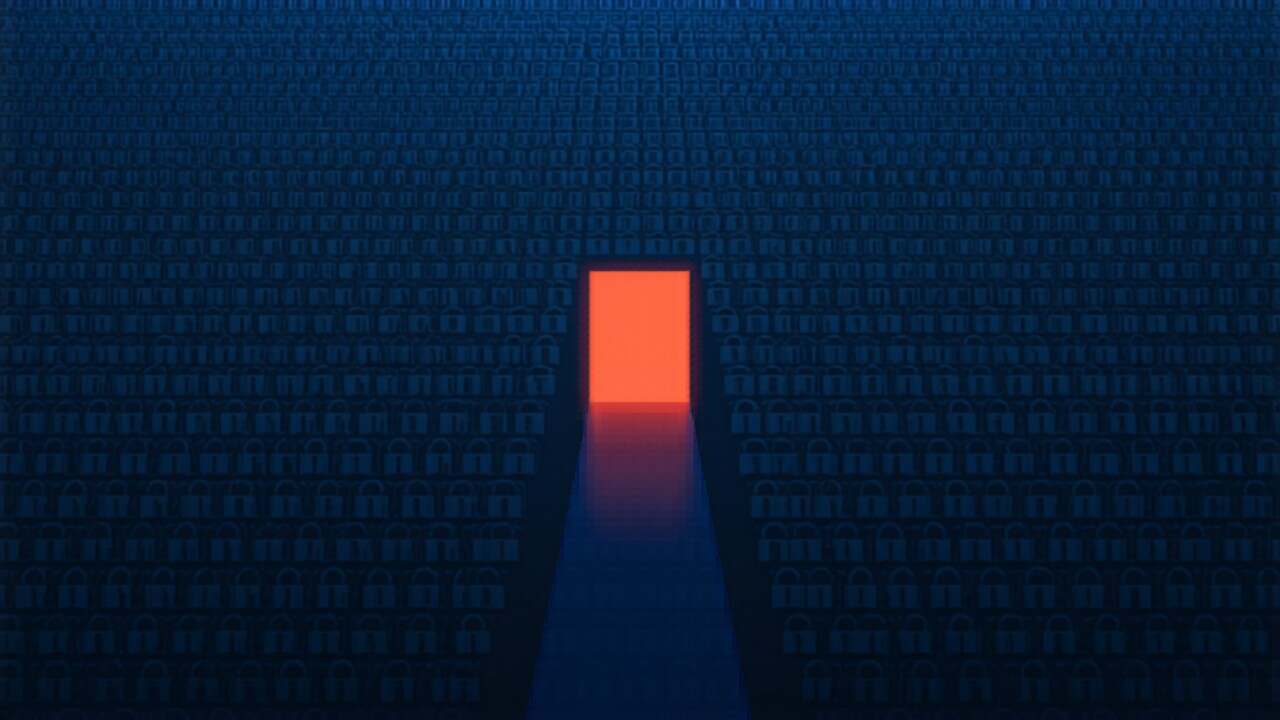 A dense thicket of cool blue locks thinning toward a single warm-lit path, illustrating a CISO cutting through vendor noise