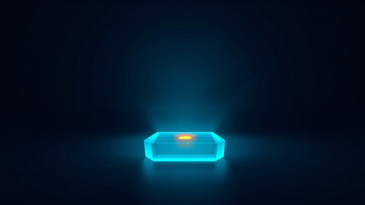 A glowing cyan glass block with a warm orange core, illustrating value proven on one pilot before scaling