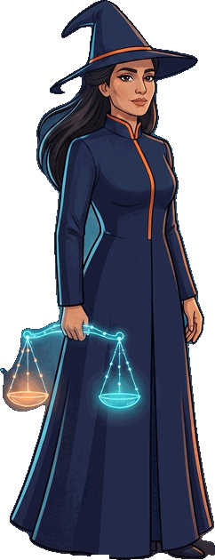 The Closing Wizard, holding a glowing set of balance scales weighing orange against cyan