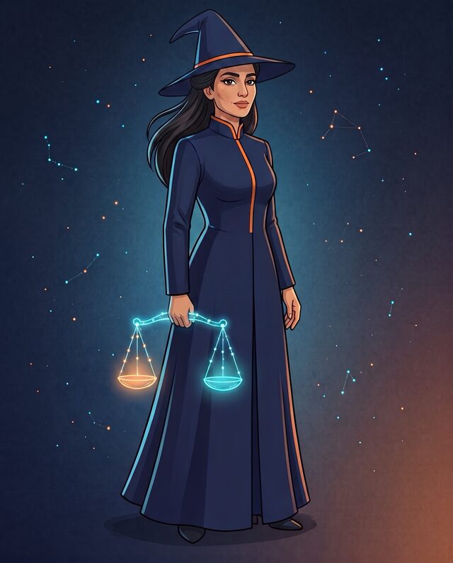 The Closing Wizard, holding a glowing set of balance scales weighing orange against cyan