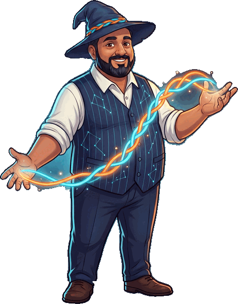 The Co-Creation Wizard, weaving two glowing threads of orange and cyan light between his hands