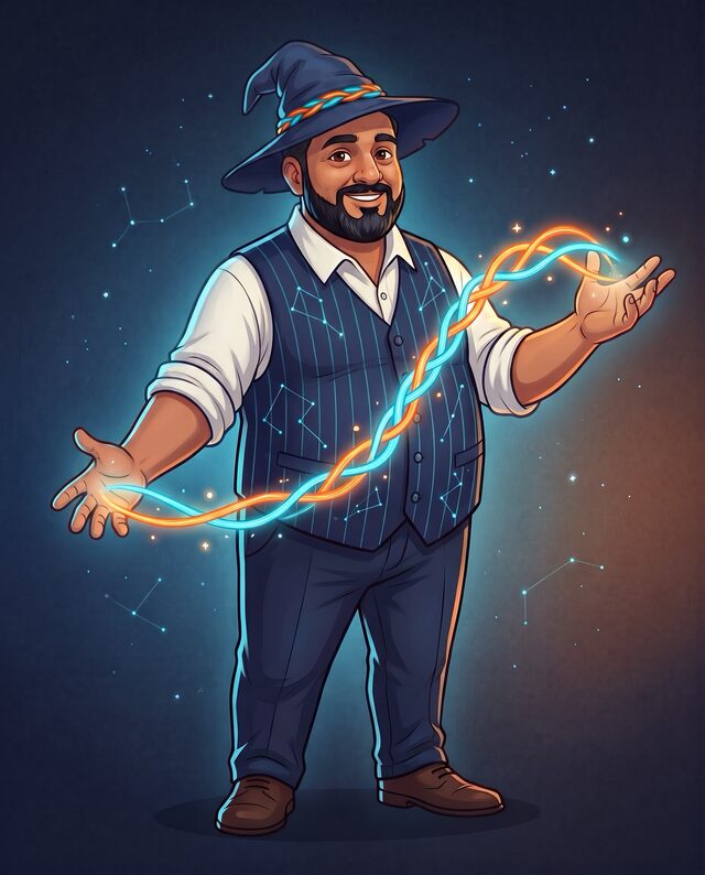 The Co-Creation Wizard, weaving two glowing threads of orange and cyan light between his hands