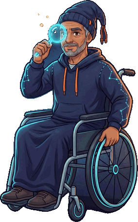 The Deal Advancement Wizard, in a wheelchair, raising a glowing magnifying glass to his eye