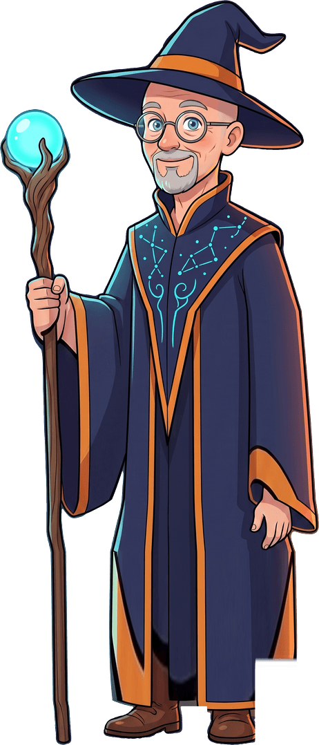 The Deal Wizard, an elder wizard in navy robes, striking his staff on the ground to light the cyan orb at its top.
