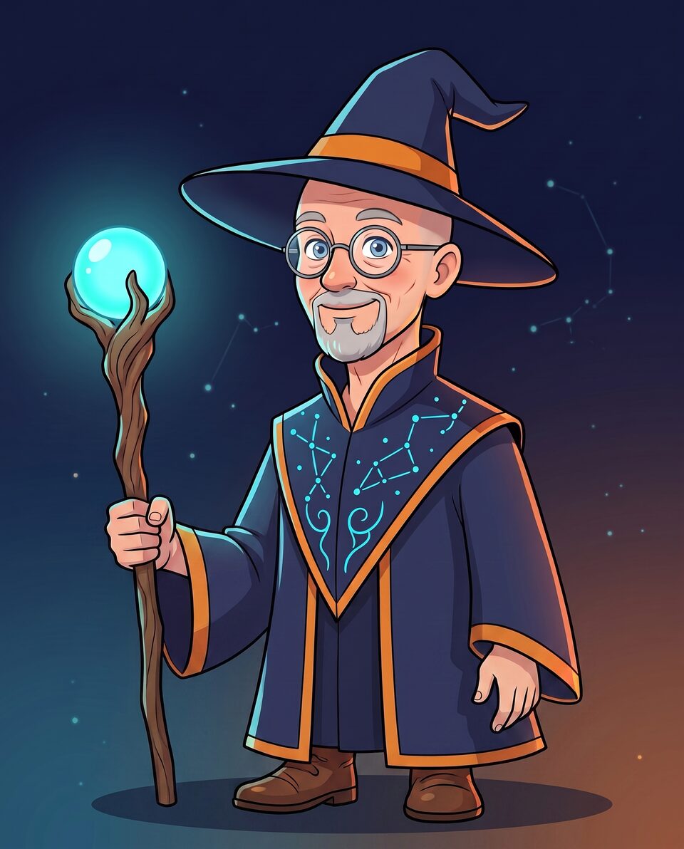 The Deal Wizard, an elder wizard in navy robes holding a staff topped with a glowing cyan orb