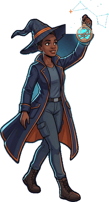 The Executive Sponsorship Wizard, holding a glowing astrolabe up to the constellations