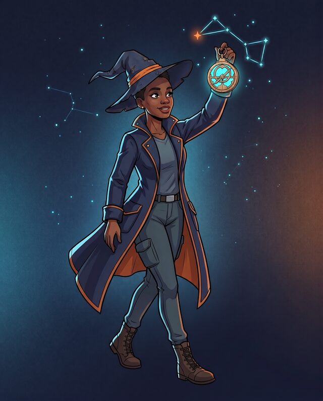 The Executive Sponsorship Wizard, holding a glowing astrolabe up to the constellations