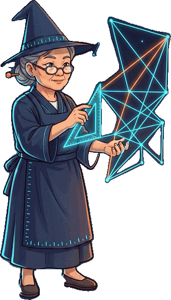 The Proposition Wizard, drafting a glowing blueprint of connected points with a set square
