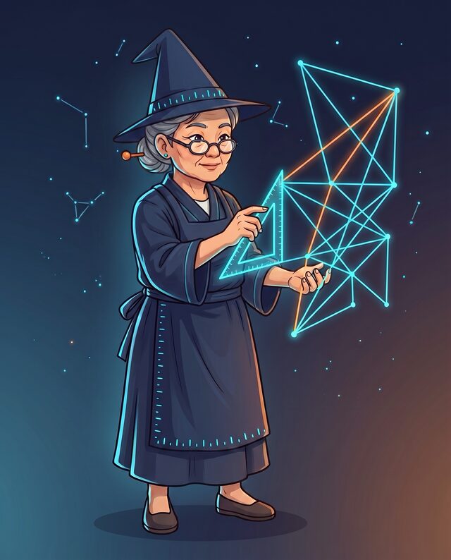 The Proposition Wizard, drafting a glowing blueprint of connected points with a set square